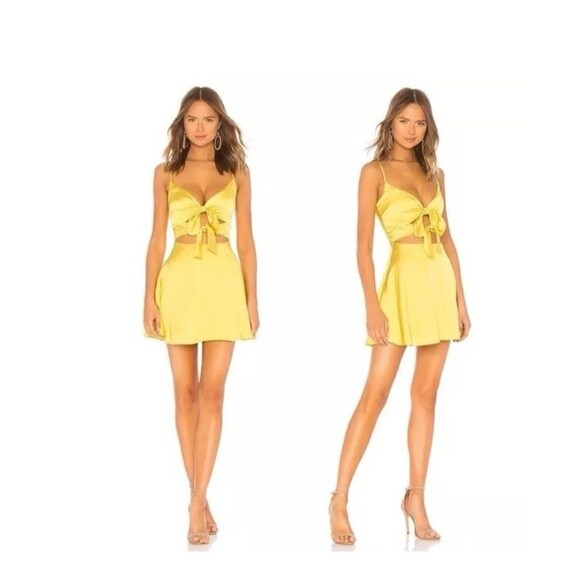 Lovers + Friends Nate Size M Front Tie Cut Out Mini Dress Chartreuse Yellow - Picture 2 of 13